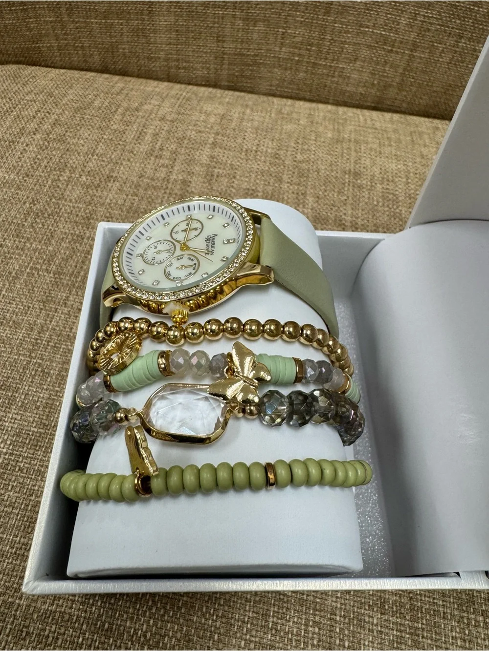 American Exchange Gold Tone Crystal Bezel Watch & Bracelet Set, Green Strap